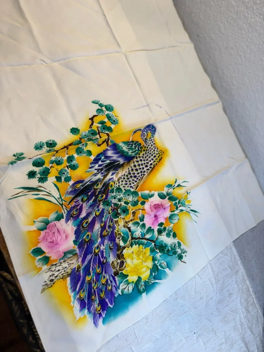 Vintage‎ Hand Painted Silk Scarf Peacock Peony Asian Chinoiserie 26x28 Cream